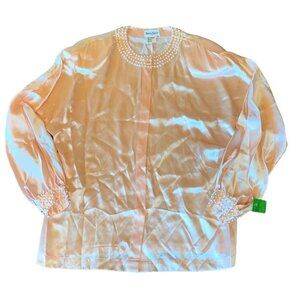Neiman Marcus 100% Silk Pearl Embellished Blouse S Made In Hong Kong Peach Long